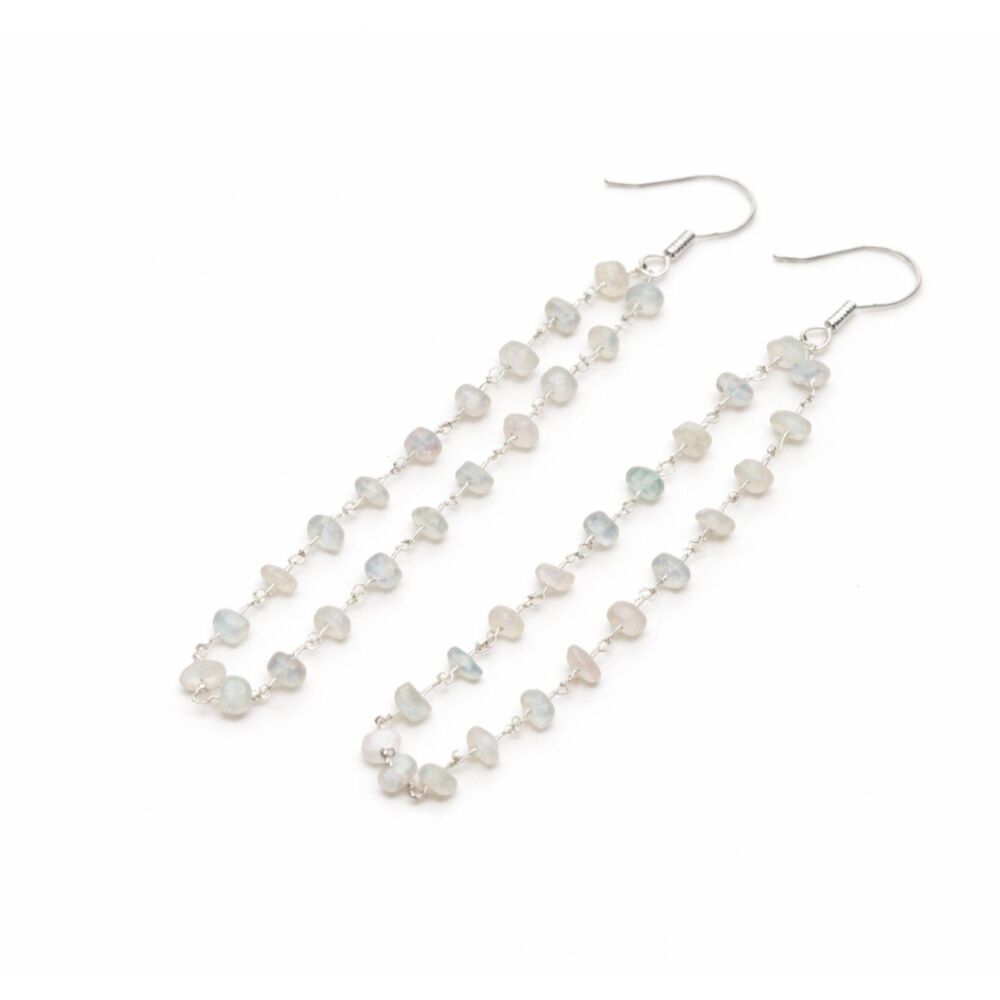 Handmade Aquamarine Chip Stone Silver Chain Dangle Earrings
